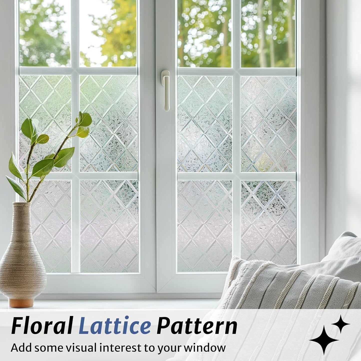 rabbitgoo Window Privacy Film, Decorative Privacy Window Film Sun Blocking, Frosted Glass Window Film, Non-Adhesive Privacy Cling Covering, Static Cling Window Sticker, Floral Lattice