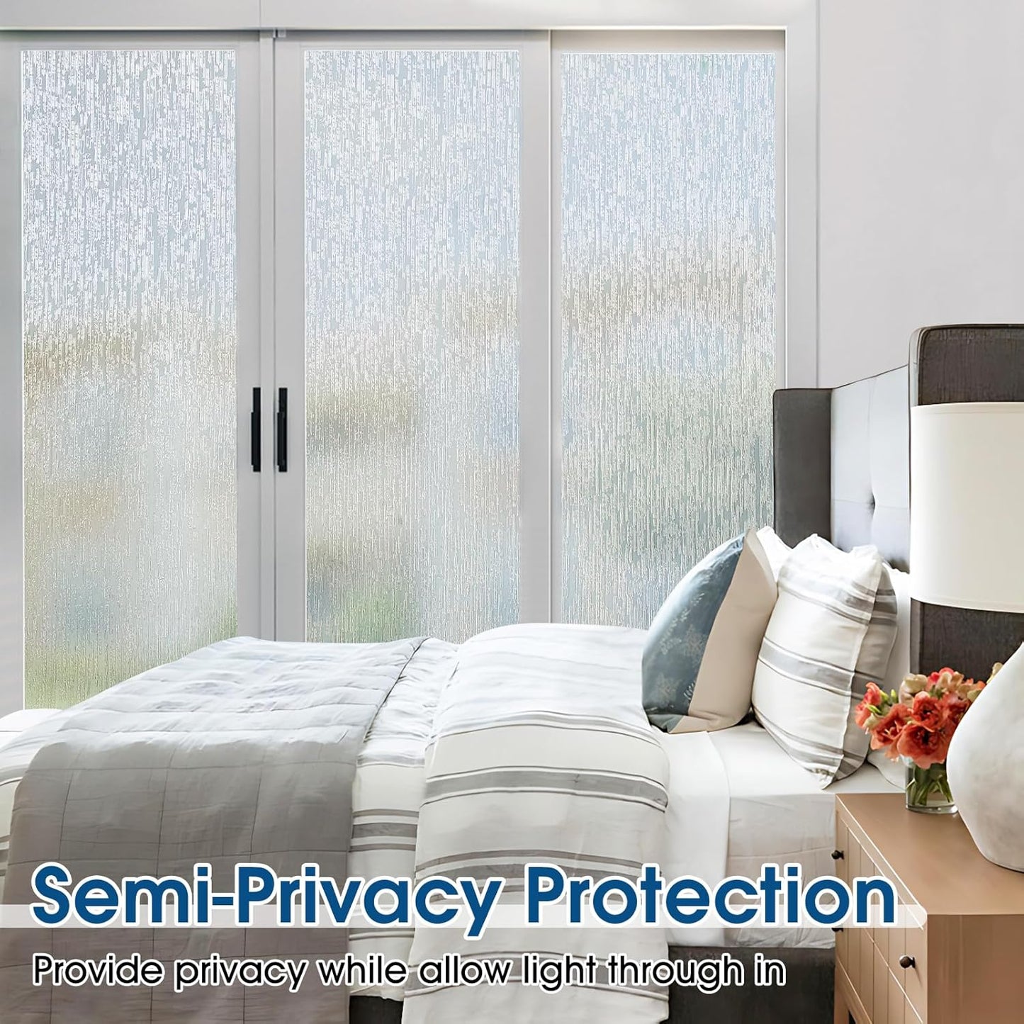 rabbitgoo Window Privacy Film Frosted Glass Window Film, Decorative UV Blocking Window Cling, Static Cling Sun Blocking Window Covering, Removable Window Sticker for Home, Rain Silk