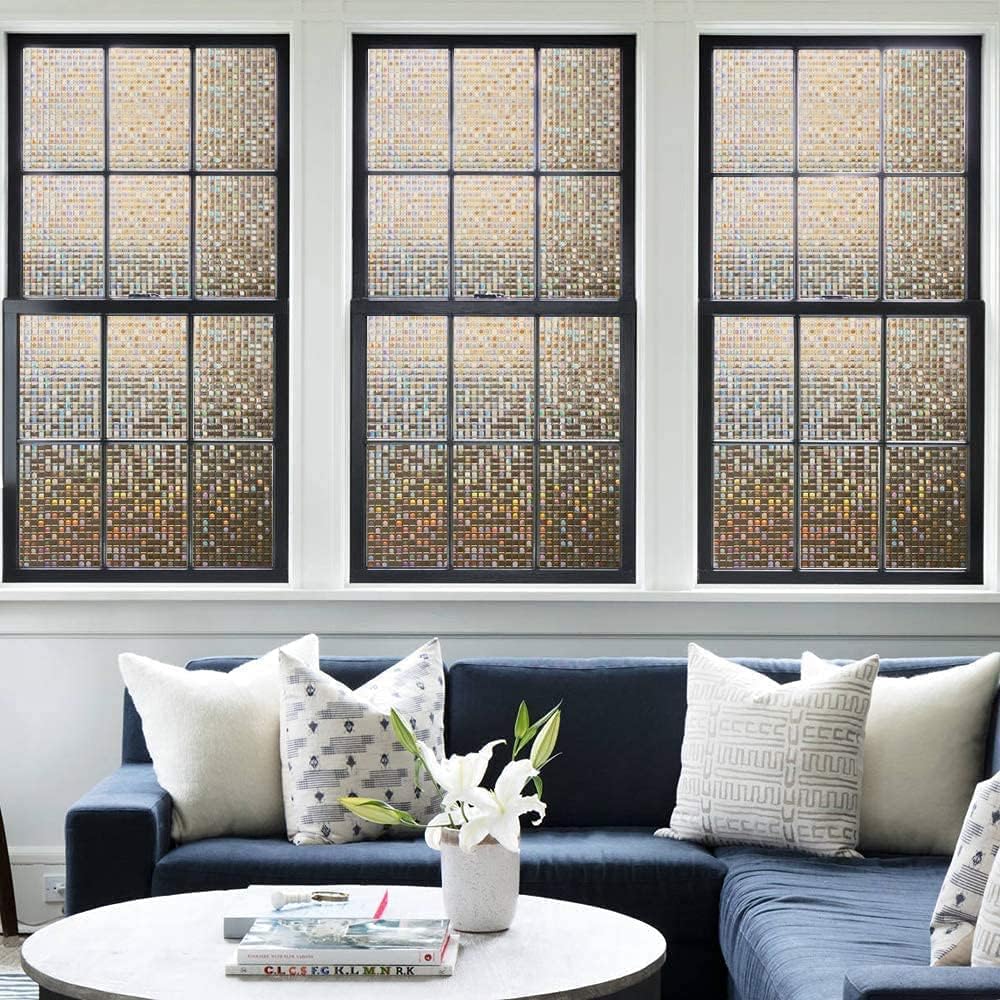 rabbitgoo Window Privacy Film Stained Glass Window Cling, 3D Mosaic Static Cling Decorative Window Rainbow Vinyl, Removable Non-Adhesive UV Blocking for Home Office, Brown