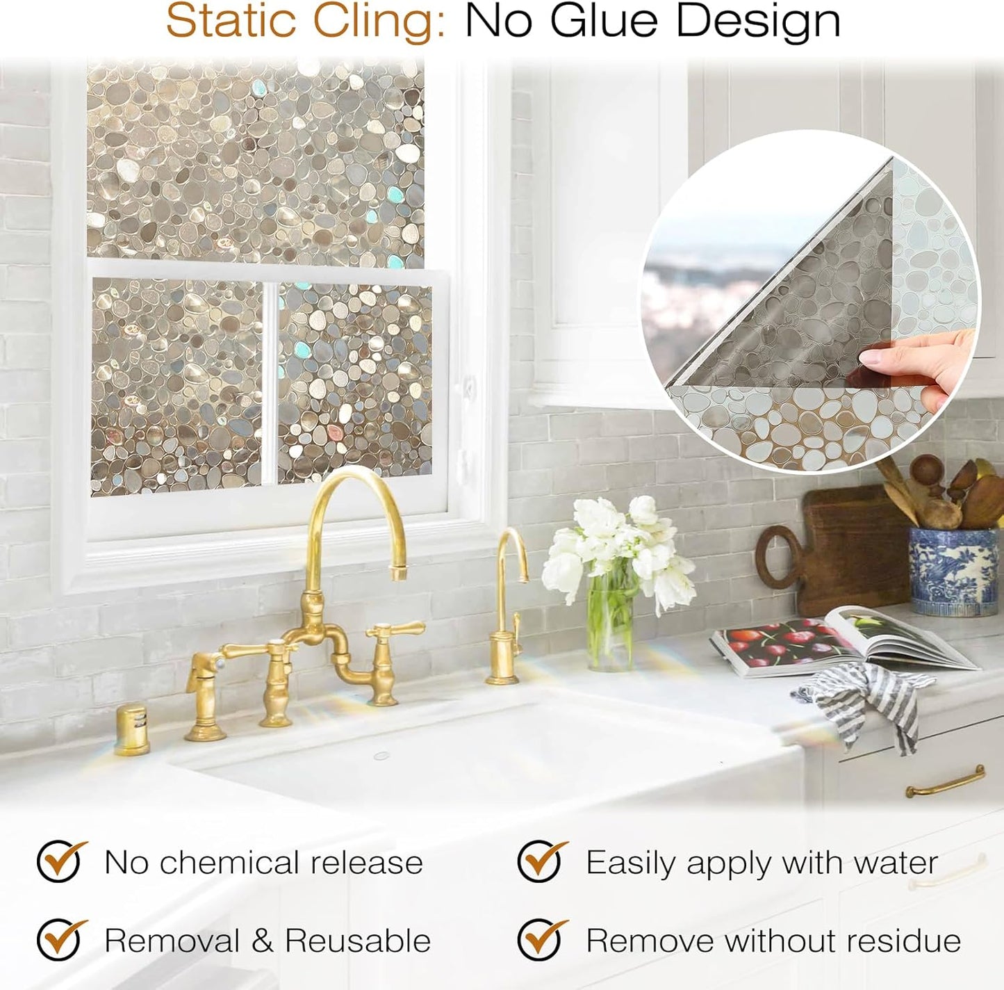 rabbitgoo Window Privacy Film, Decorative Window Clings, UV Blocking Window Door Coverings Static Cling Non Adhesive Stained Glass Rainbow Window Vinyl, 3D Pebble,Brown-Taupe 17.5 x 78.7 inches