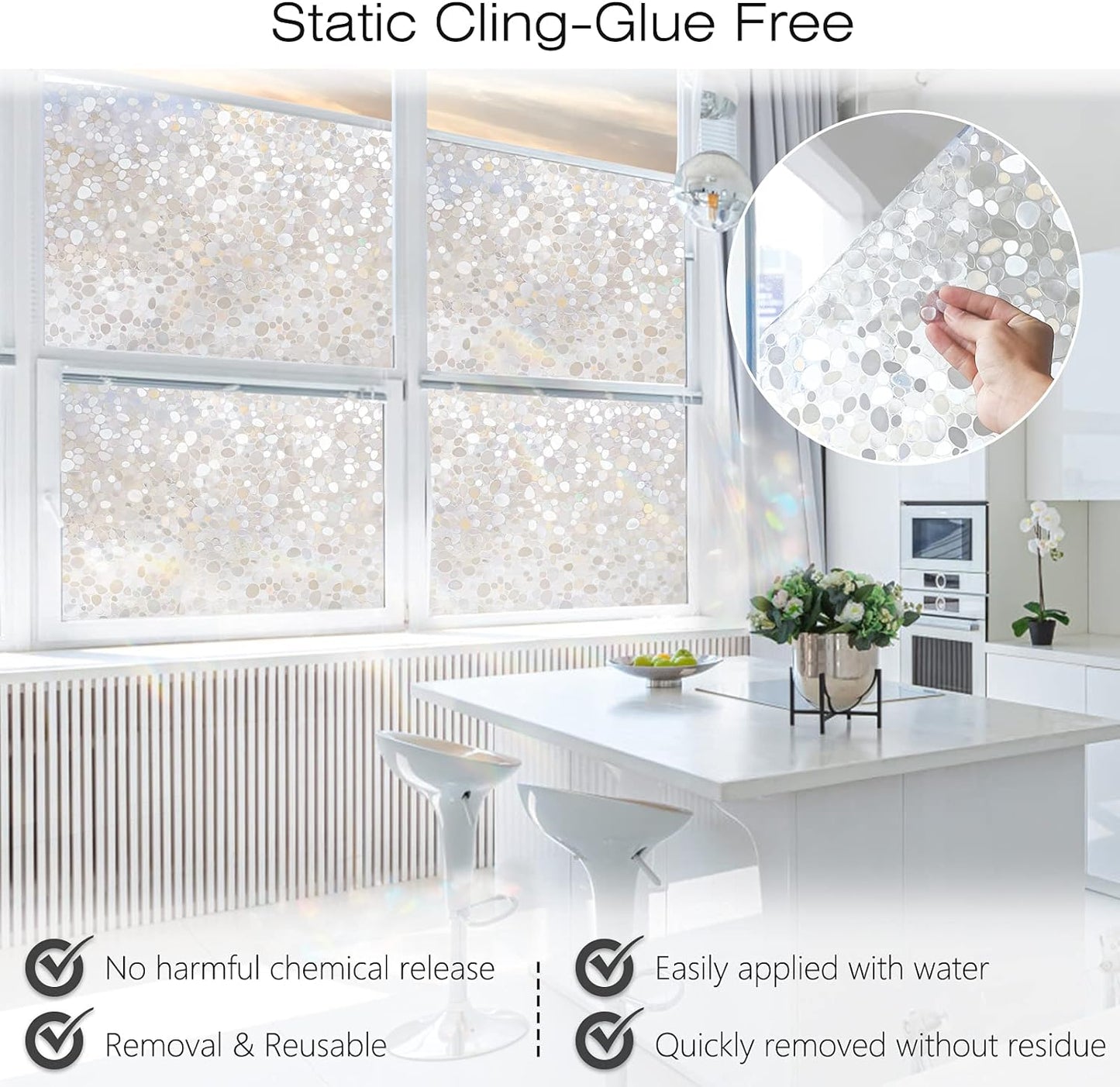 rabbitgoo Window Privacy Film, Decorative Window Clings, UV Blocking Window Coverings Static Cling Non Adhesive Door Stickers, Stained Glass Rainbow Window Vinyl, 3D Pebble