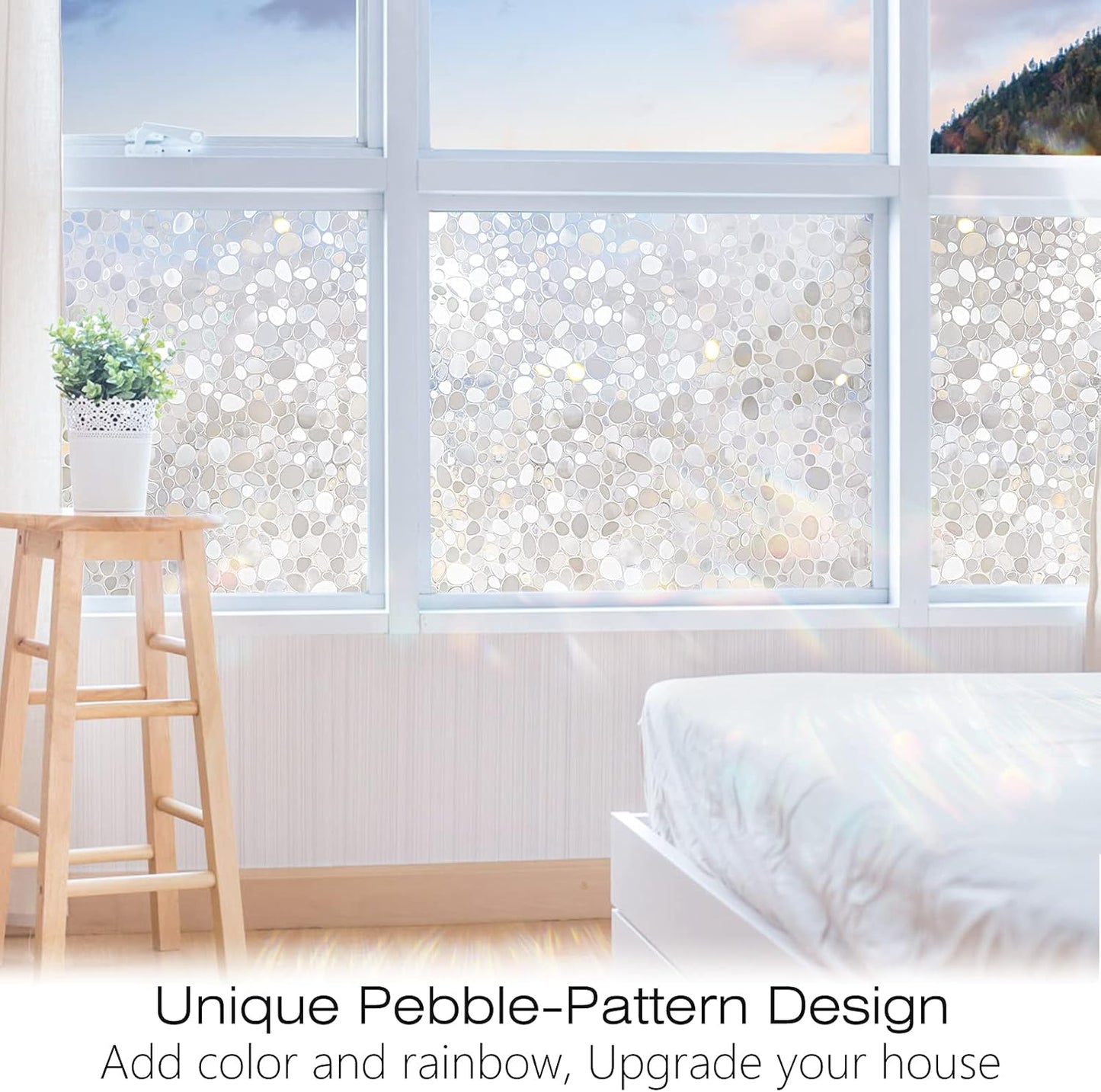 rabbitgoo Window Privacy Film, Decorative Window Clings, UV Blocking Window Coverings Static Cling Non Adhesive Door Stickers, Stained Glass Rainbow Window Vinyl, 3D Pebble