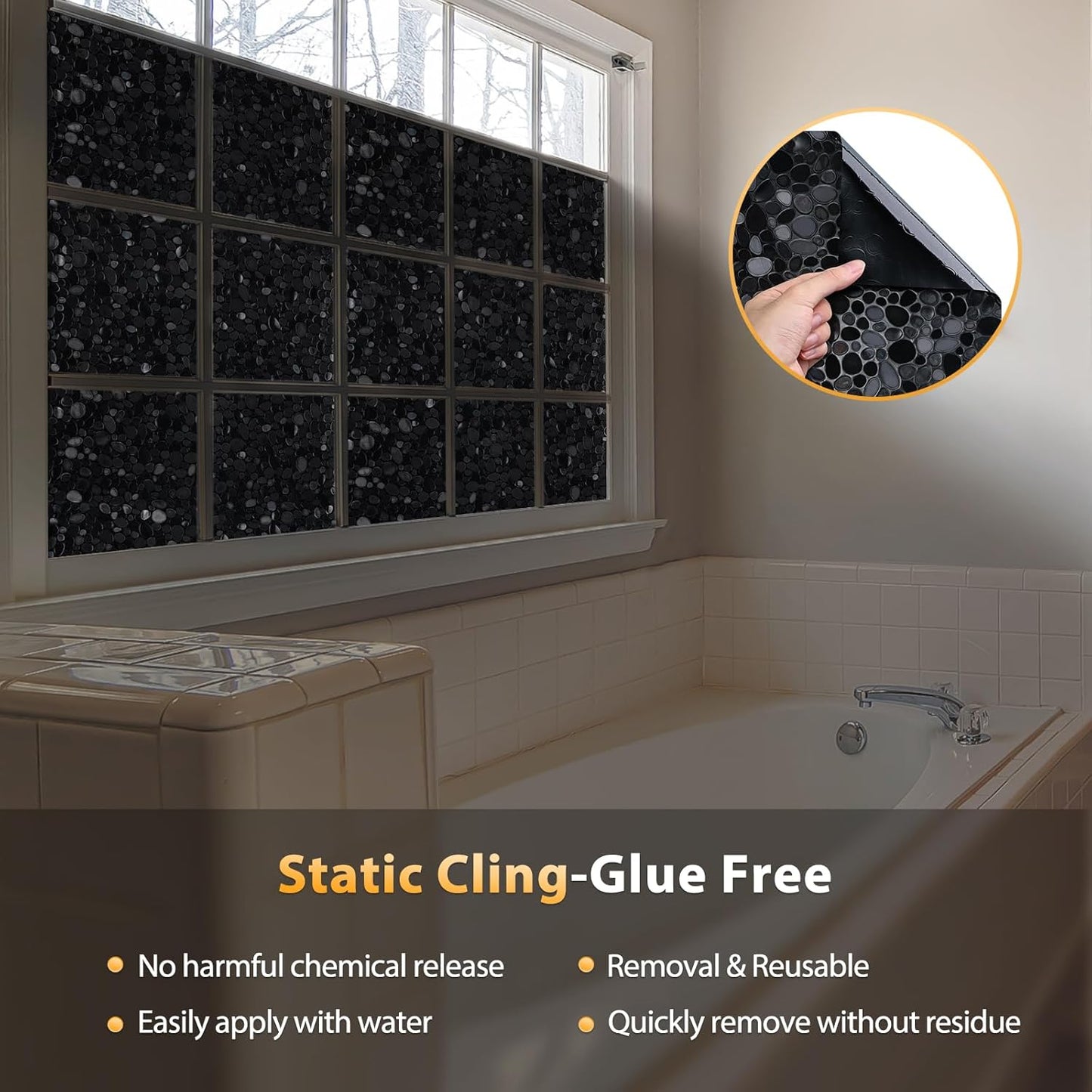 rabbitgoo Total Blackout Window Film Privacy Room Darkening Sun Light Blocking Window Tint, Static Cling Black Glass Door Window Cover Stained Glass Window Clings,3D Pebble