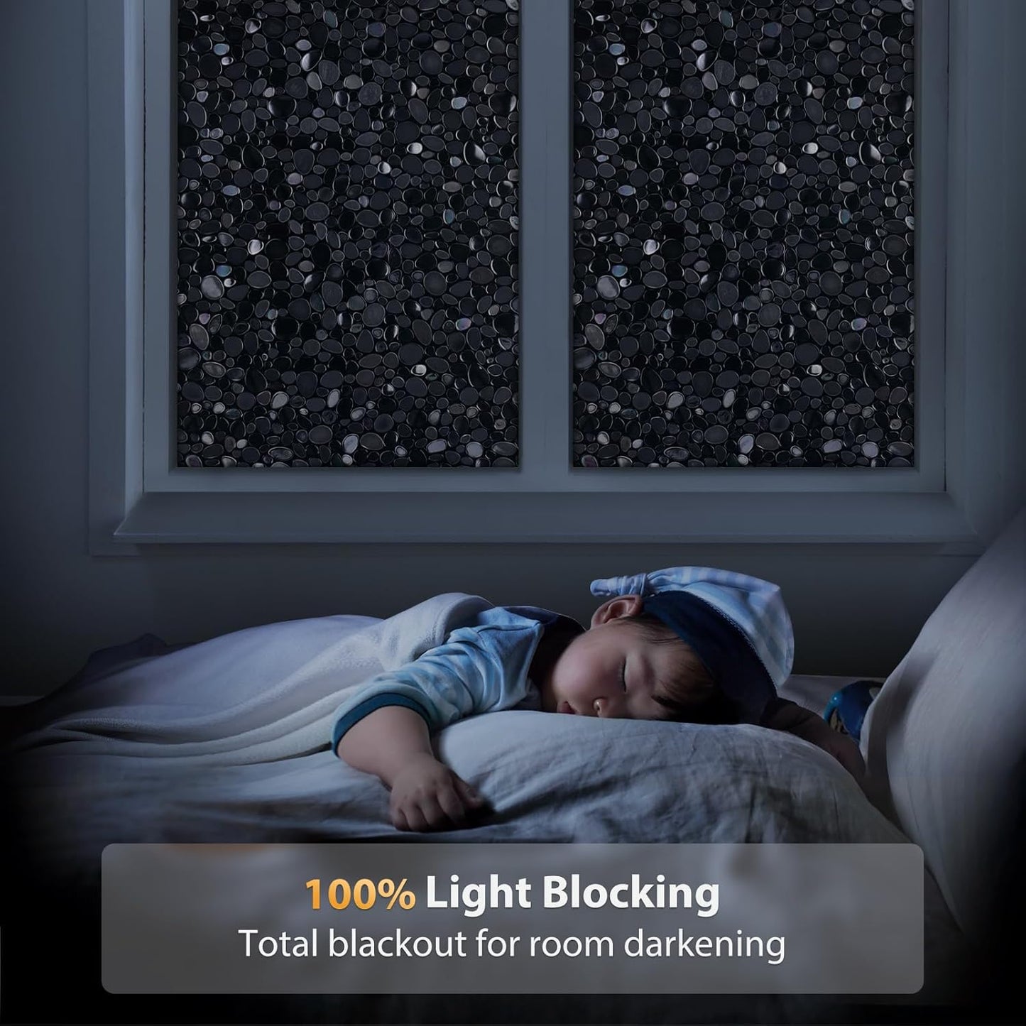 rabbitgoo Total Blackout Window Film Privacy Room Darkening Sun Light Blocking Window Tint, Static Cling Black Glass Door Window Cover Stained Glass Window Clings,3D Pebble