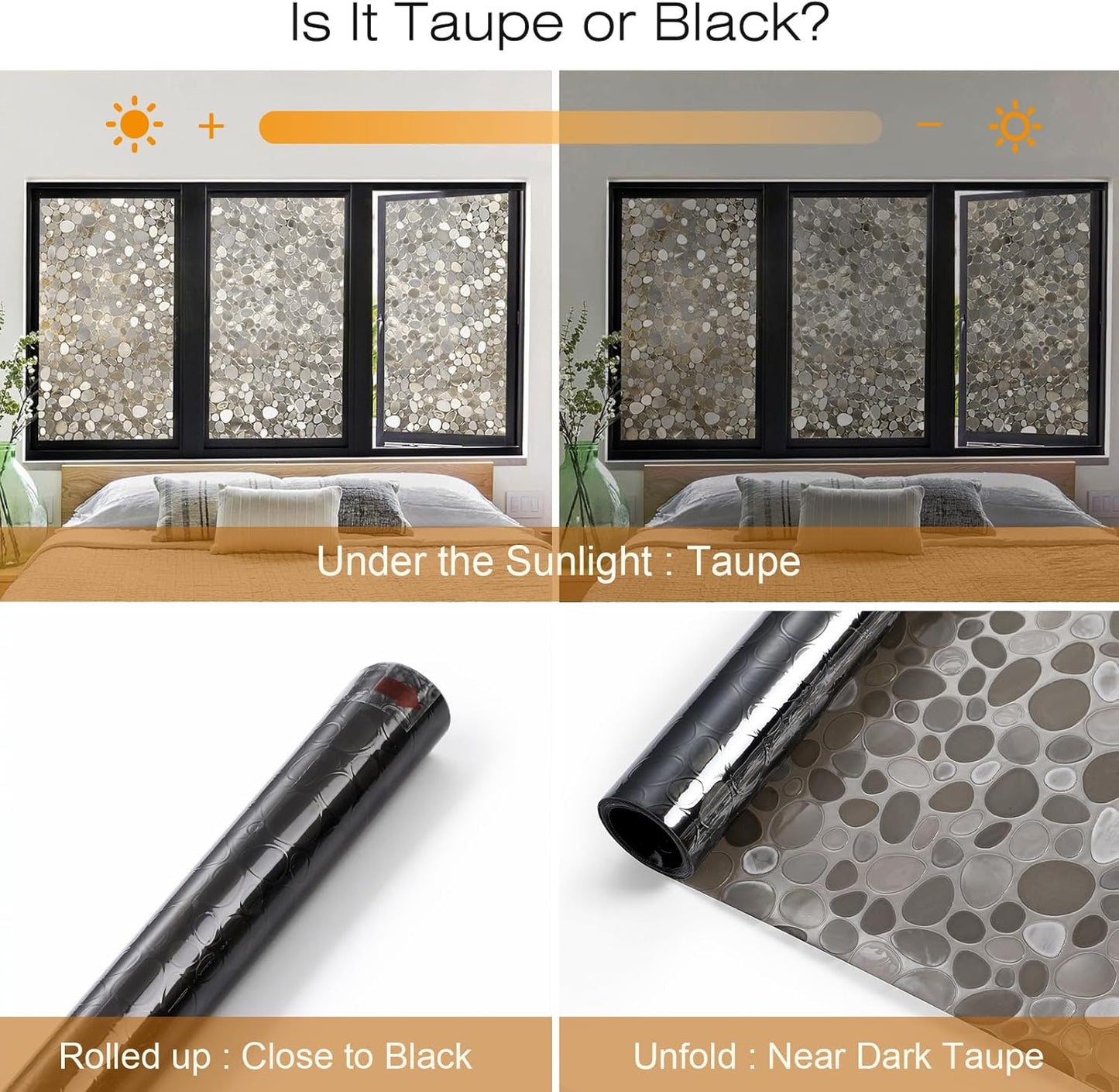 rabbitgoo Window Privacy Film, Decorative Window Clings, UV Blocking Window Door Coverings Static Cling Non Adhesive Stained Glass Rainbow Window Vinyl, 3D Pebble,Brown-Taupe 17.5 x 78.7 inches
