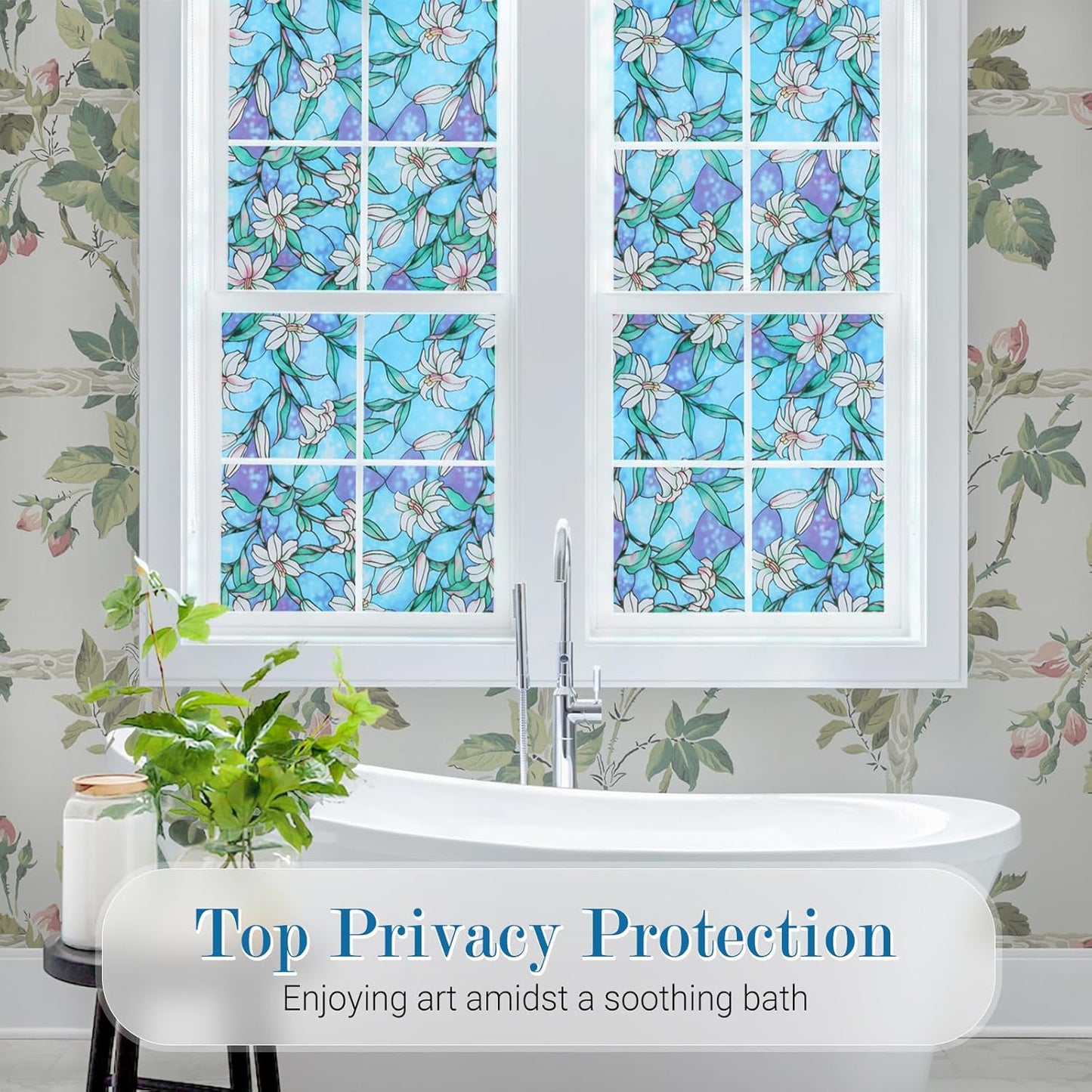 rabbitgoo Blue Lily Stained Glass Window Film