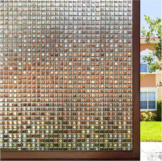 rabbitgoo Window Privacy Film Stained Glass Window Cling, 3D Mosaic Static Cling Decorative Window Rainbow Vinyl, Removable Non-Adhesive UV Blocking for Home Office, Brown