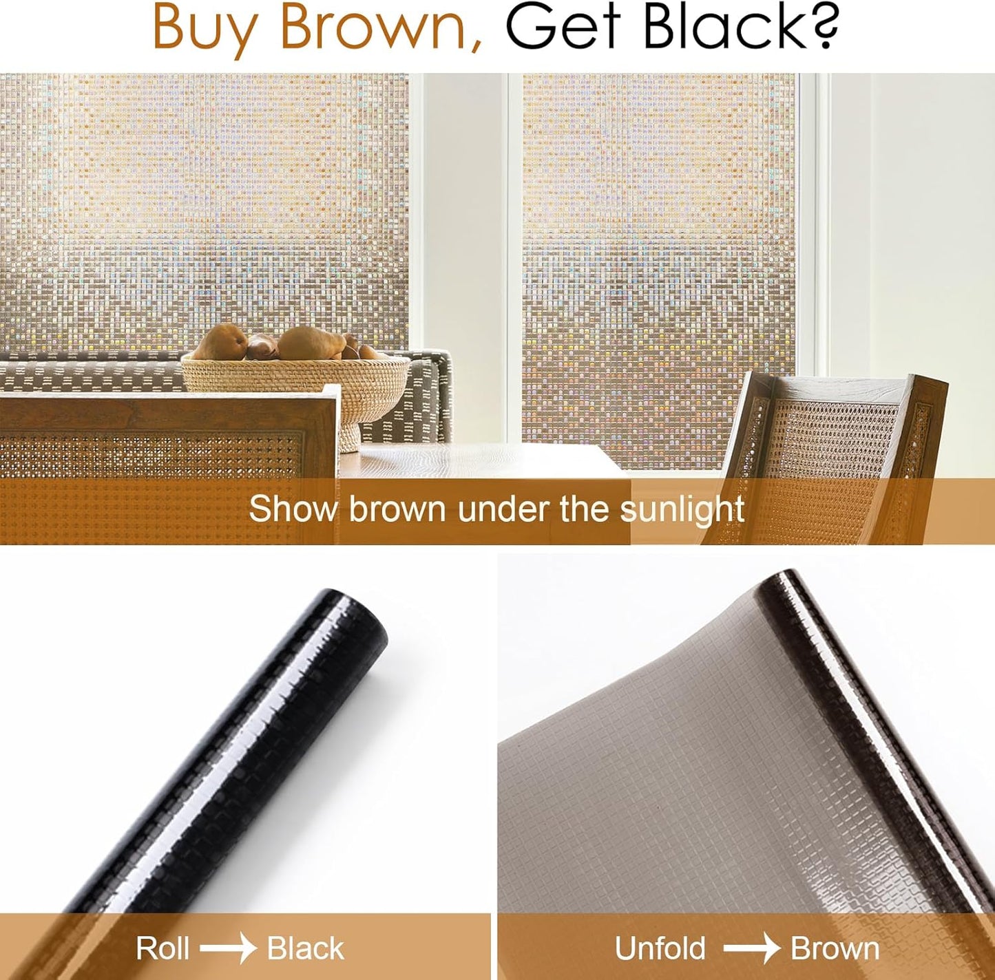 rabbitgoo Window Privacy Film Stained Glass Window Cling, 3D Mosaic Static Cling Decorative Window Rainbow Vinyl, Removable Non-Adhesive UV Blocking for Home Office, Brown
