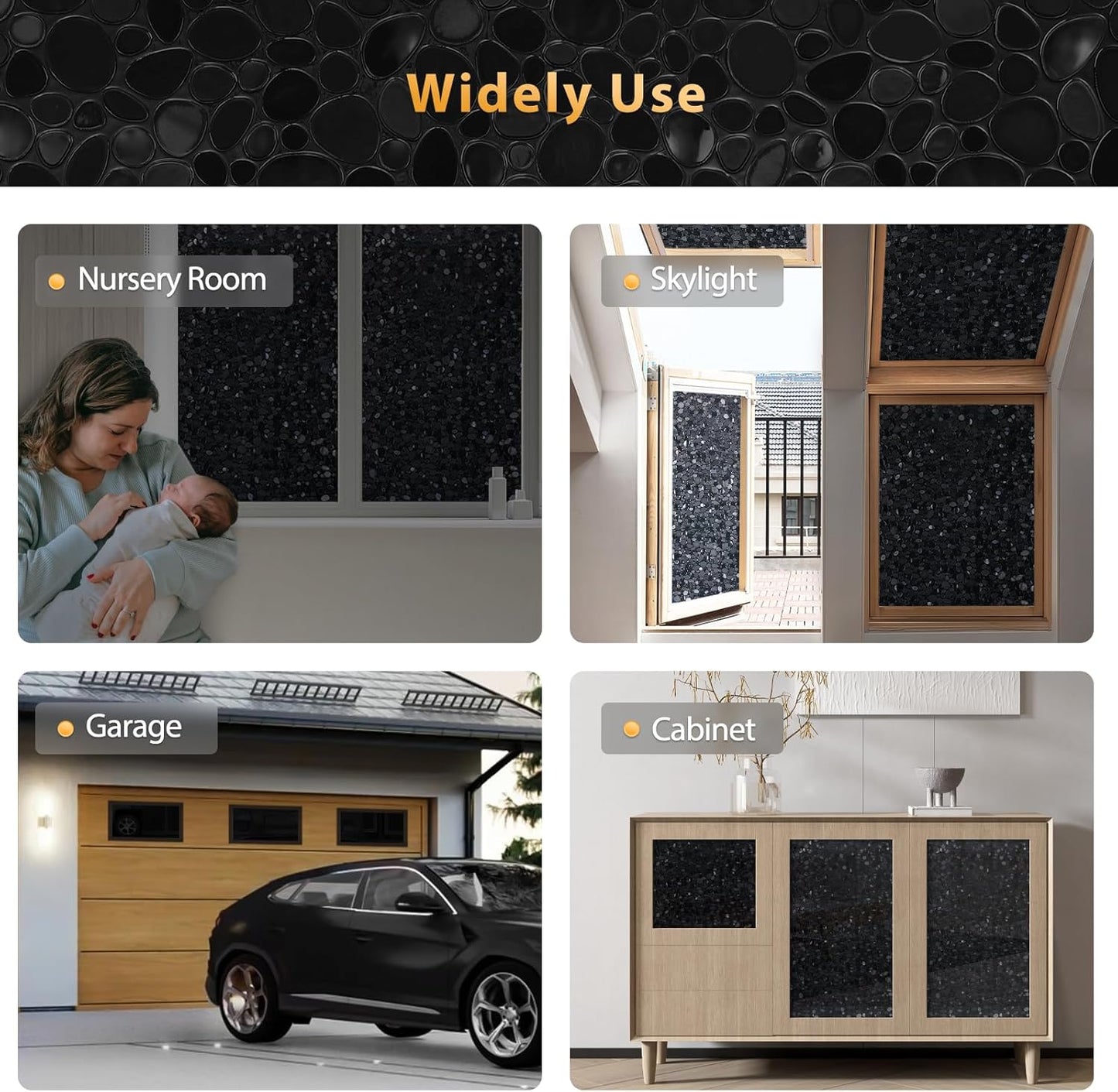 rabbitgoo Total Blackout Window Film Privacy Room Darkening Sun Light Blocking Window Tint, Static Cling Black Glass Door Window Cover Stained Glass Window Clings,3D Pebble