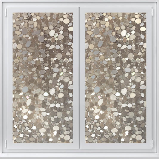rabbitgoo Window Privacy Film, Decorative Window Clings, UV Blocking Window Door Coverings Static Cling Non Adhesive Stained Glass Rainbow Window Vinyl, 3D Pebble,Brown-Taupe 17.5 x 78.7 inches