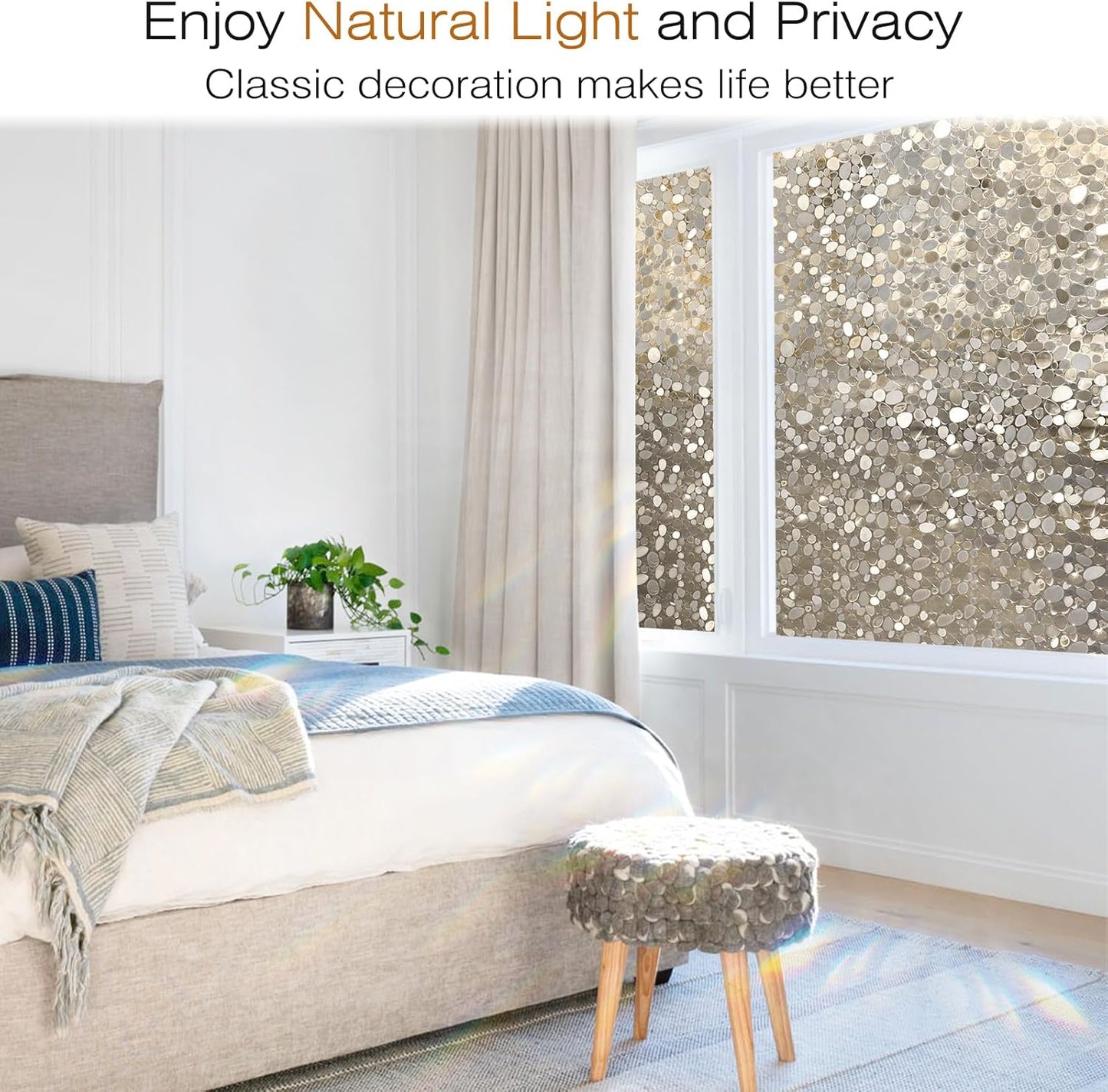 rabbitgoo Window Privacy Film, Decorative Window Clings, UV Blocking Window Door Coverings Static Cling Non Adhesive Stained Glass Rainbow Window Vinyl, 3D Pebble,Brown-Taupe 17.5 x 78.7 inches