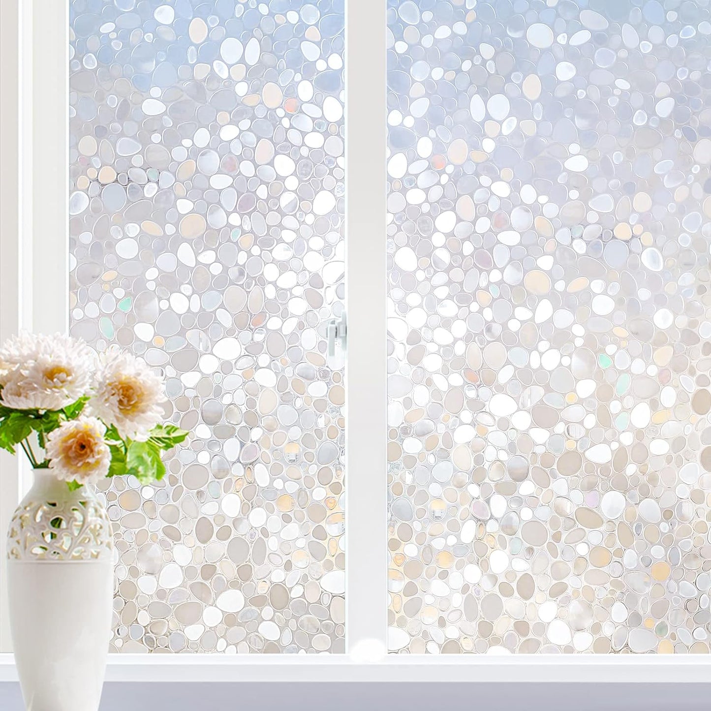 rabbitgoo Window Privacy Film, Decorative Window Clings, UV Blocking Window Coverings Static Cling Non Adhesive Door Stickers, Stained Glass Rainbow Window Vinyl, 3D Pebble