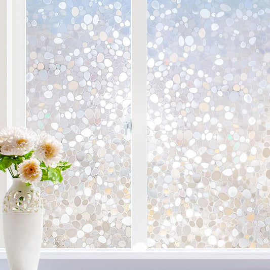 rabbitgoo Window Privacy Film, Decorative Window Clings, UV Blocking Window Coverings Static Cling Non Adhesive Door Stickers, Stained Glass Rainbow Window Vinyl, 3D Pebble