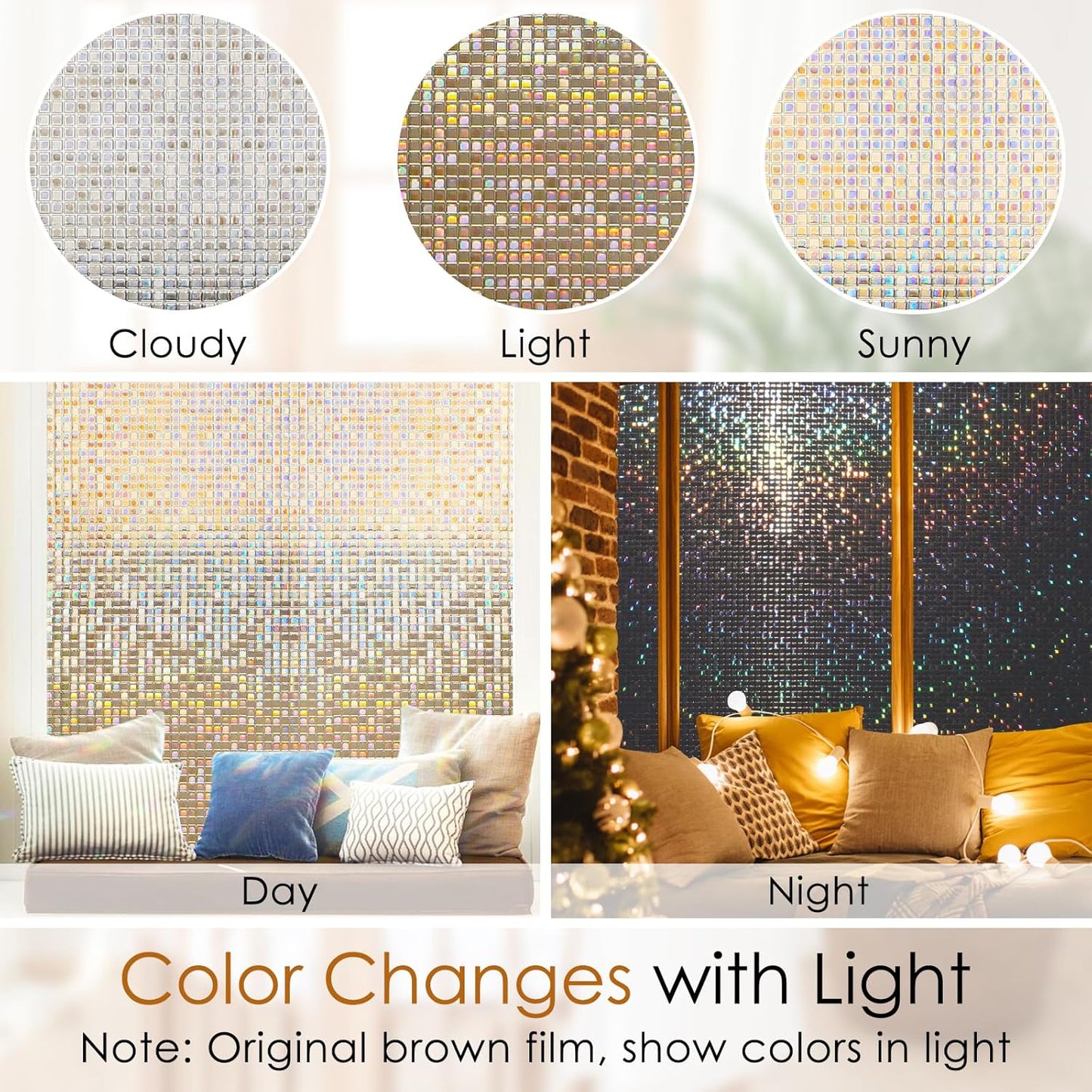 rabbitgoo Window Privacy Film Stained Glass Window Cling, 3D Mosaic Static Cling Decorative Window Rainbow Vinyl, Removable Non-Adhesive UV Blocking for Home Office, Brown