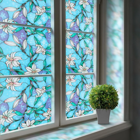 rabbitgoo Blue Lily Stained Glass Window Film