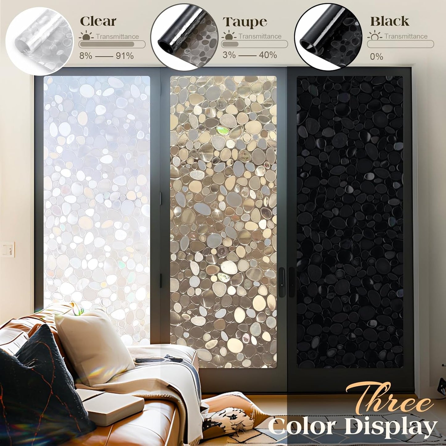 rabbitgoo Window Privacy Film, Decorative Window Clings, UV Blocking Window Door Coverings Static Cling Non Adhesive Stained Glass Rainbow Window Vinyl, 3D Pebble,Brown-Taupe 17.5 x 78.7 inches